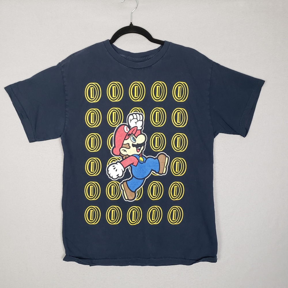 Super Mario‎ Brothers Tee Shirt Jumping Mario Coins Navy Blue Retro Old School L